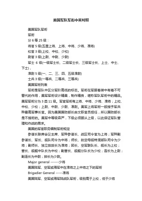 美国军队军衔中英对照