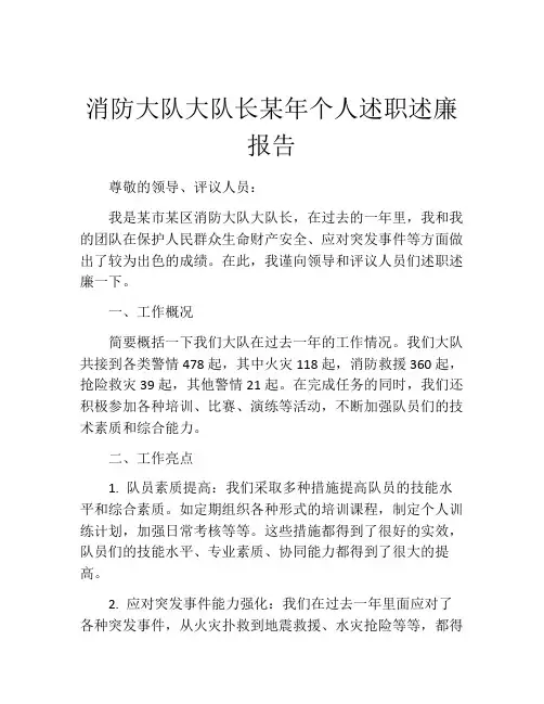 消防大队大队长某年个人述职述廉报告