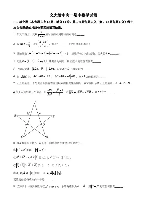 上海交通大学附属中学2021-2022学年高一下学期期中数学试题(含解析)