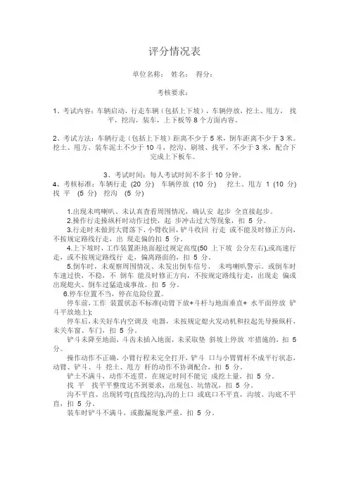 挖掘机上机考试考核标准