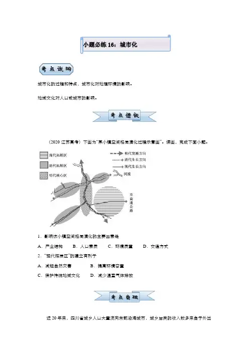 新高中地理高考 2021届小题必练16 城市化 学生版