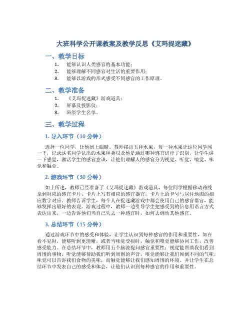 大班科学公开课教案及教学反思《艾玛捉迷藏》