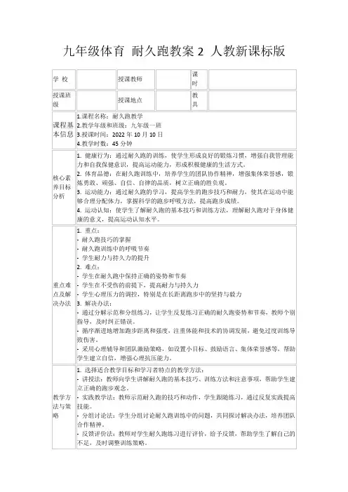 九年级体育耐久跑教案2人教新课标版