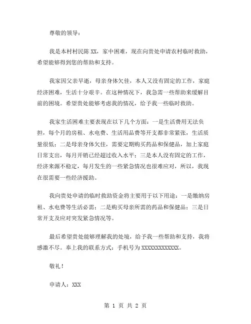 农村临时救助申请书范文3