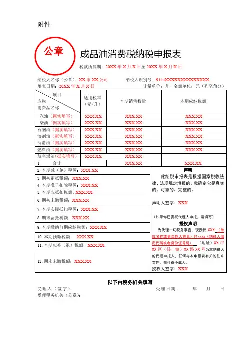 《成品油消费税纳税申报表》及附表(填写样例)