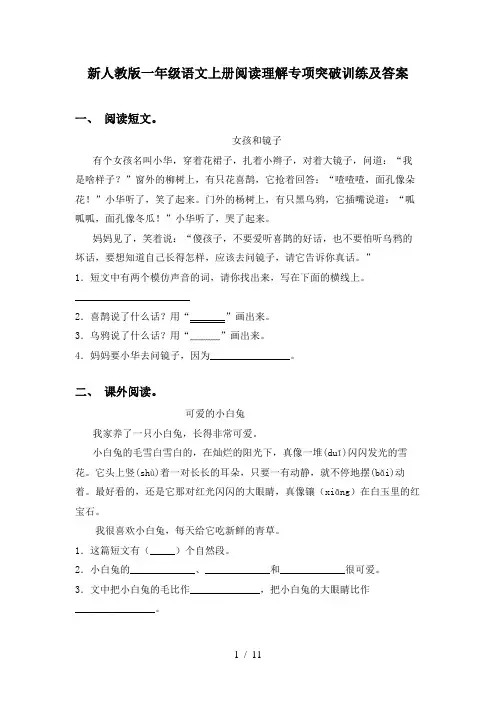 新人教版一年级语文上册阅读理解专项突破训练及答案