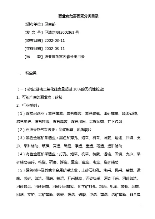 职业病危害因素分类目录(作废—行业举例—卫法监发[2002]63号)