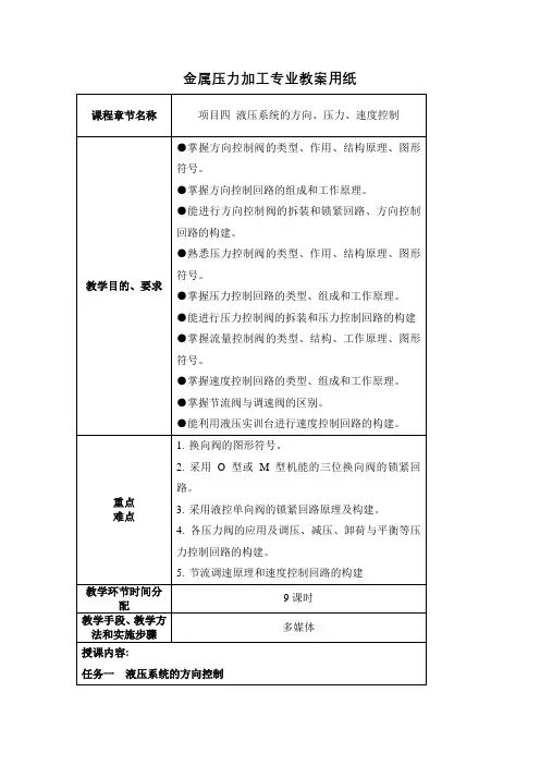 液压传动技术电子教案项目四液压系统的方向、压力、速度控制