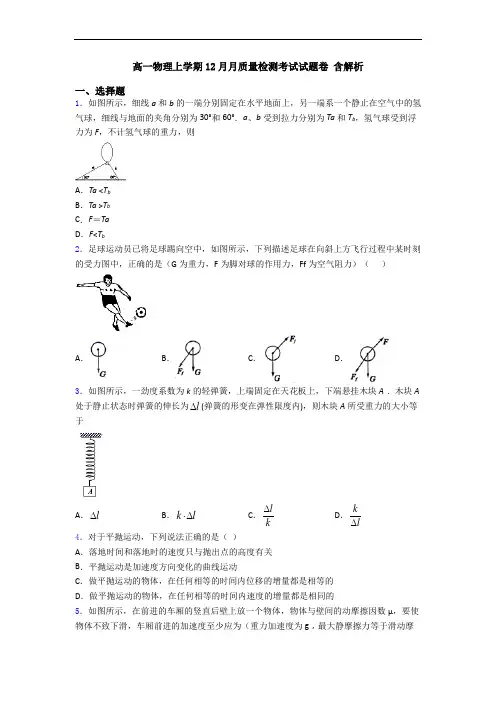 高一物理上学期12月月质量检测考试试题卷 含解析