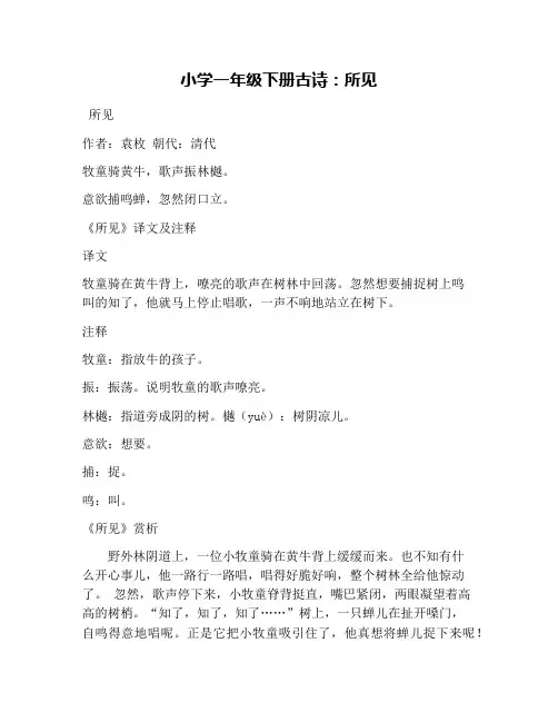 小学一年级下册古诗：所见