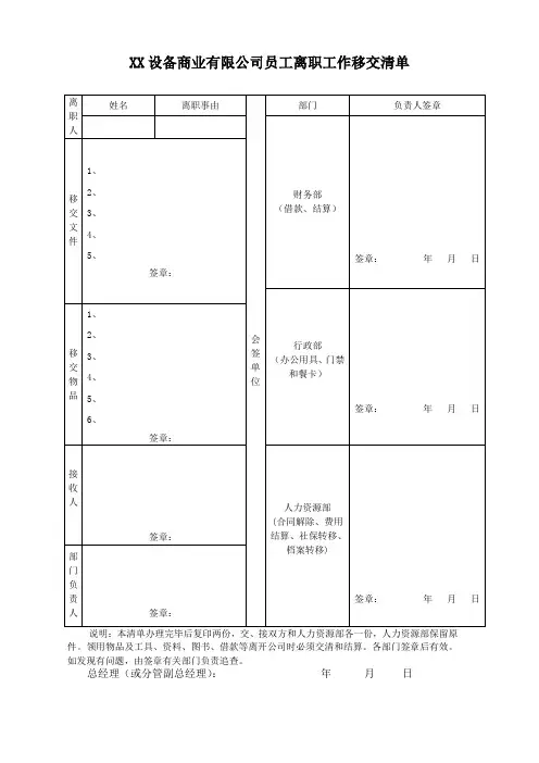 XX设备商业有限公司员工离职工作移交清单(2023年)