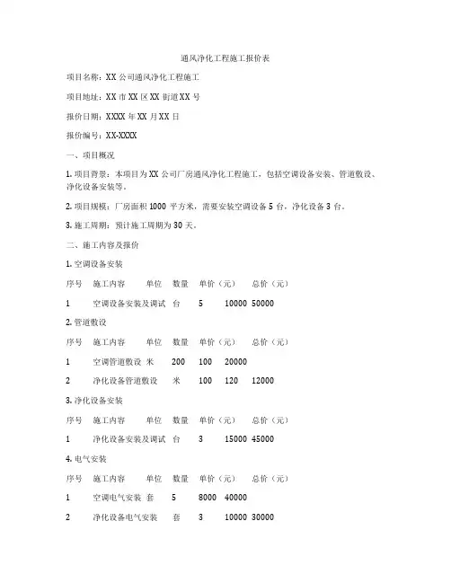 通风净化工程施工报价表