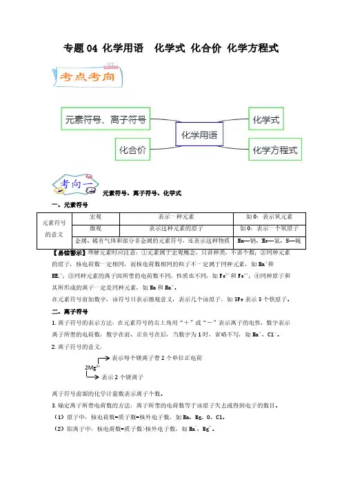中考化学微专题考点详解：专题04 化学用语 化学式 化合价 化学方程式(学生版)