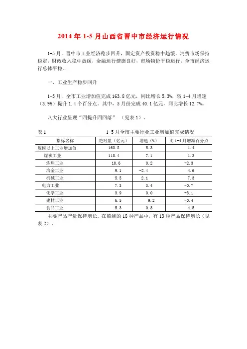 2014年1-5月山西省晋中市经济运行情况