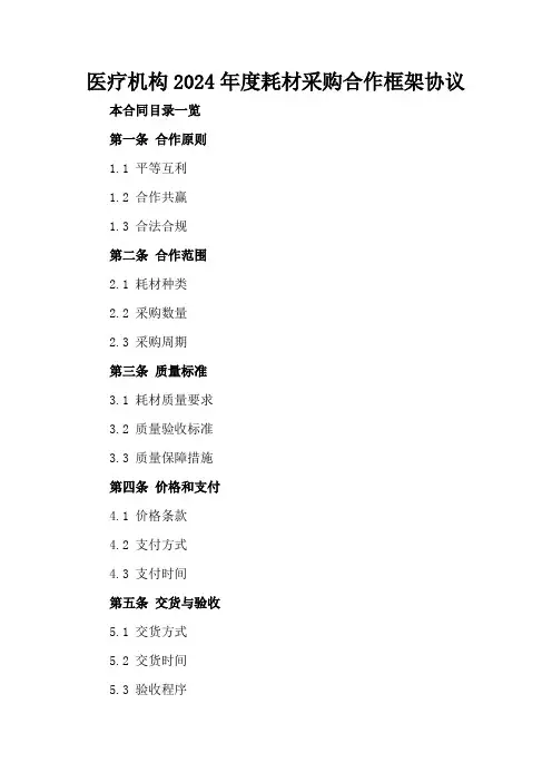 医疗机构2024年度耗材采购合作框架协议