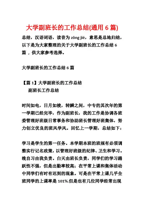 大学副班长的工作总结(通用6篇)