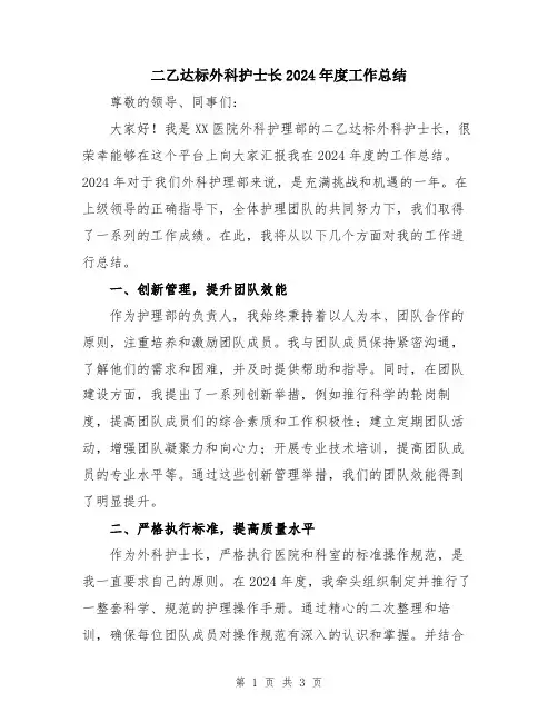 二乙达标外科护士长2024年度工作总结