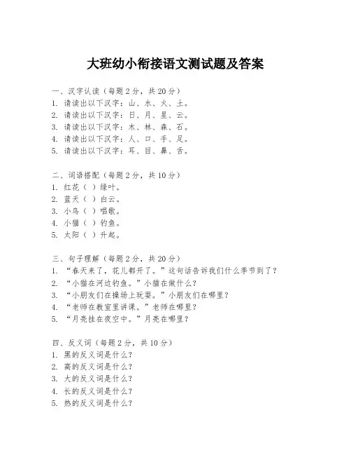 大班幼小衔接语文测试题及答案