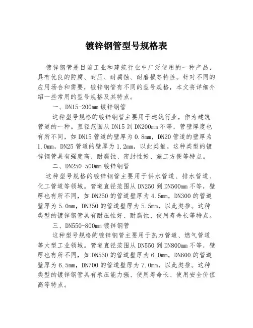 镀锌钢管型号规格表