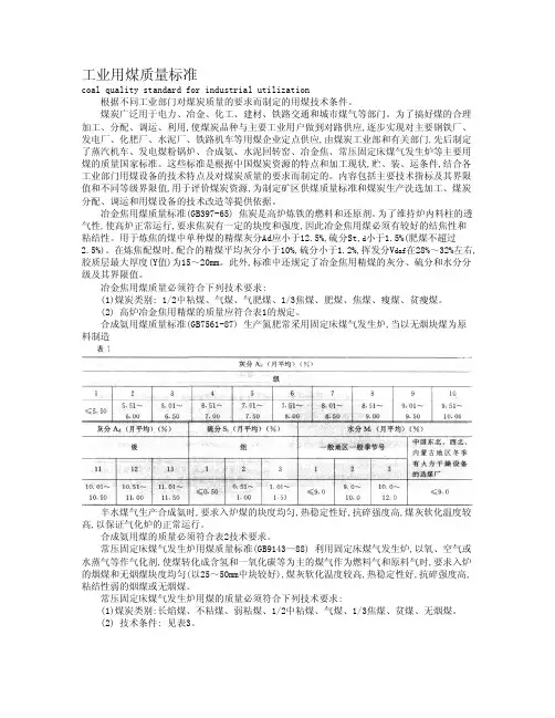工业用煤质量标准