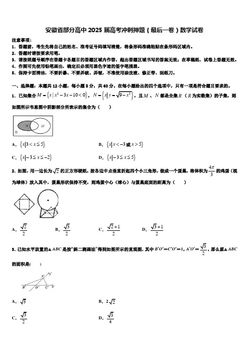 安徽省部分高中2025届高考冲刺押题(最后一卷)数学试卷含解析