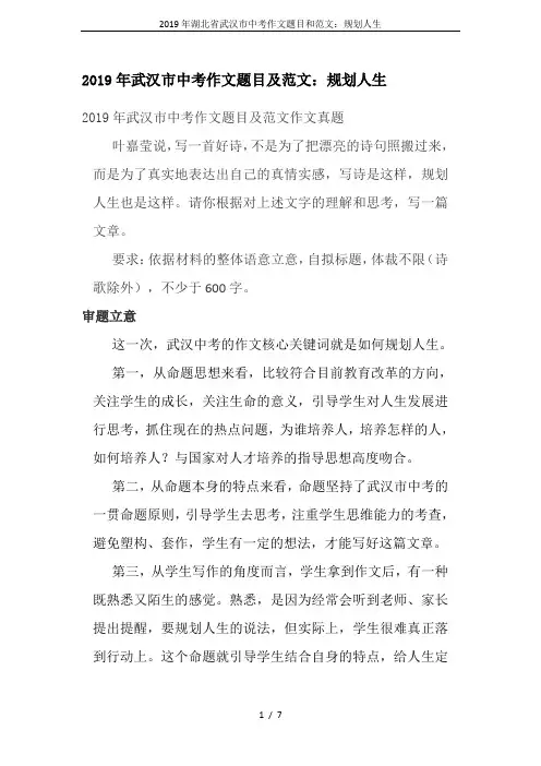 2019年湖北省武汉市中考作文题目和范文：规划人生