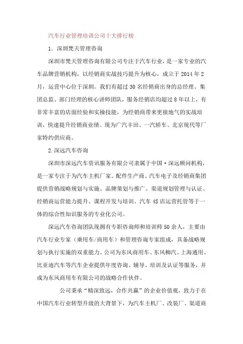 汽车行业管理培训公司十大排行榜