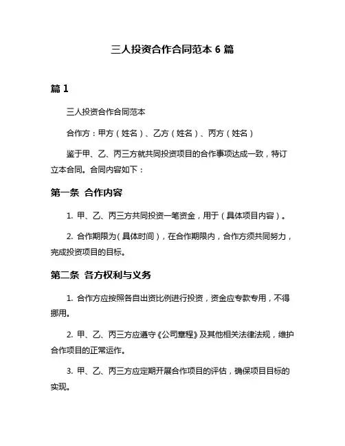 三人投资合作合同范本6篇