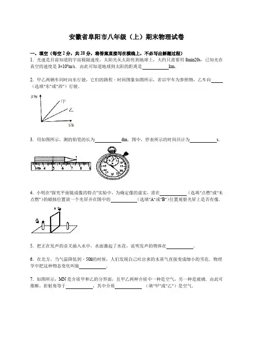 安徽省阜阳市人教版八年级上初二物理期末测试卷(含解析)(1)