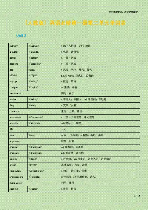 (人教版)英语必修第一册第二单元单词表