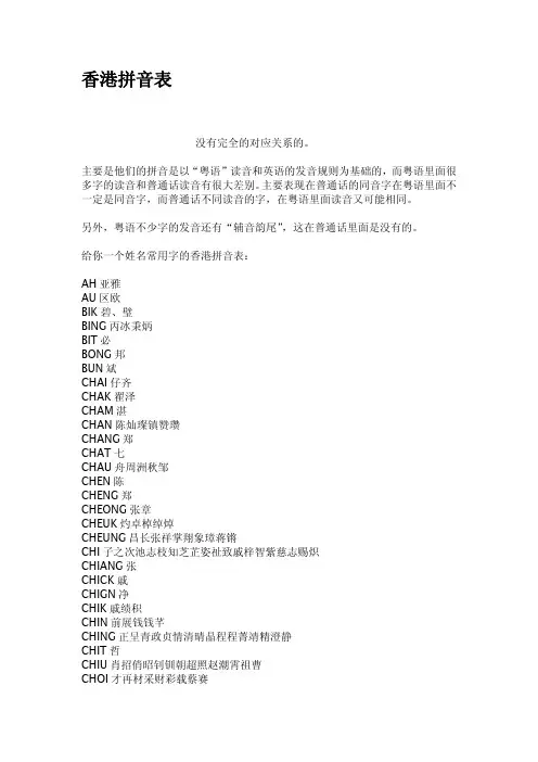 香港拼音表