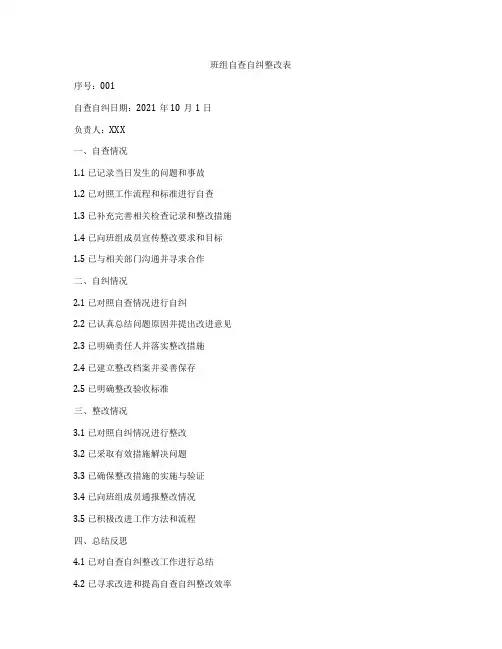 班组自查自纠整改表