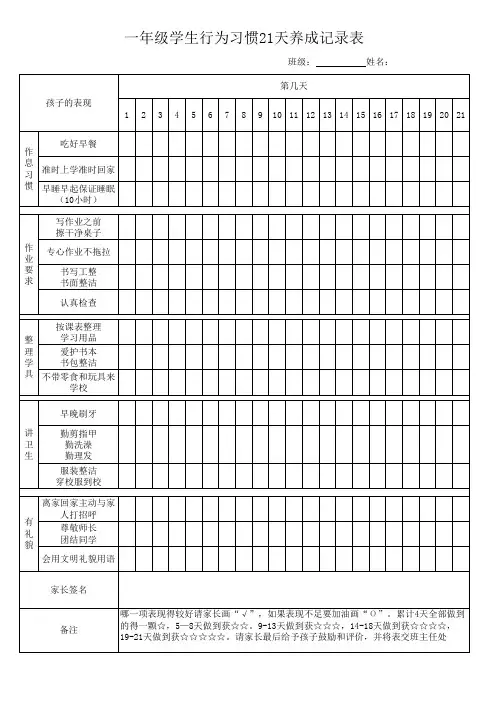 一年级学生行为习惯21天养成记录表