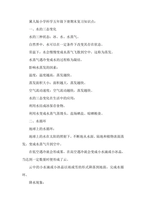 冀人版小学科学五年级下册期末复习知识点