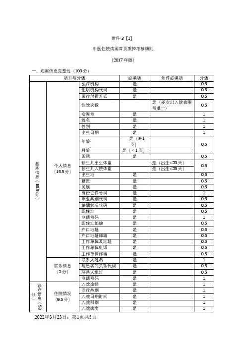 中医住院病案首页质控考核细则(版)