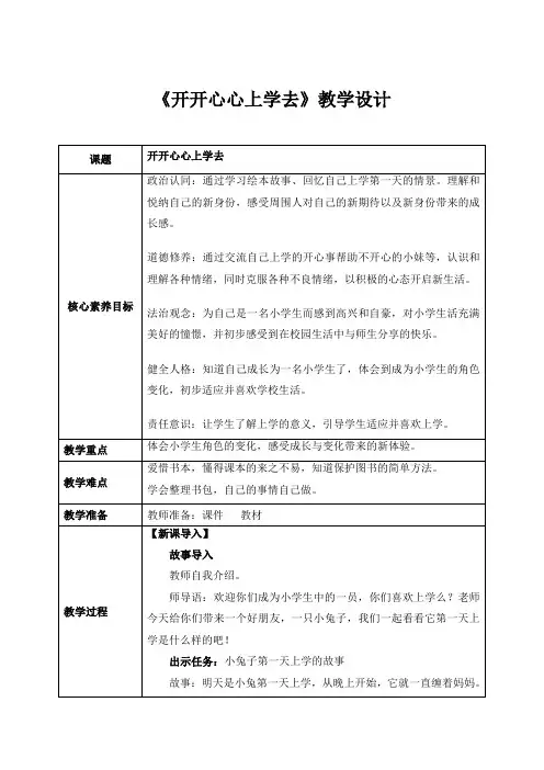 2024年统编版一年级道德与法治上册(核心素养目标)第1课《开开心心上学去》教案 