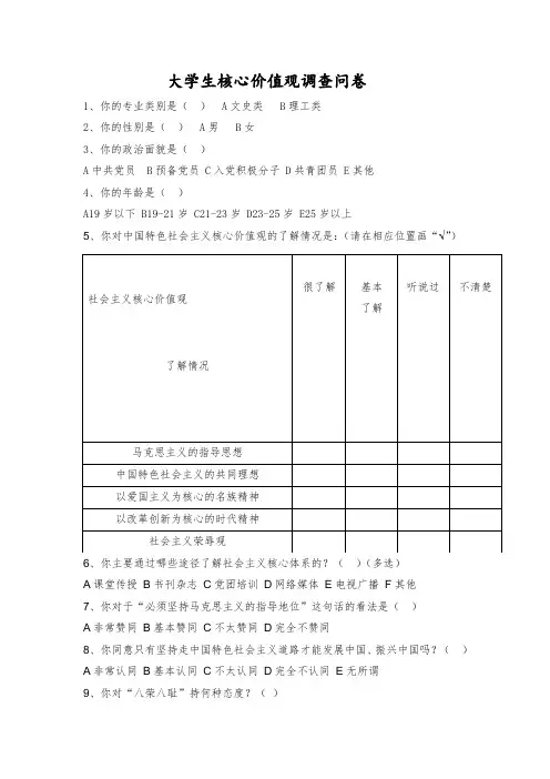 大学生社会 主义核心价值观学习情况调查表