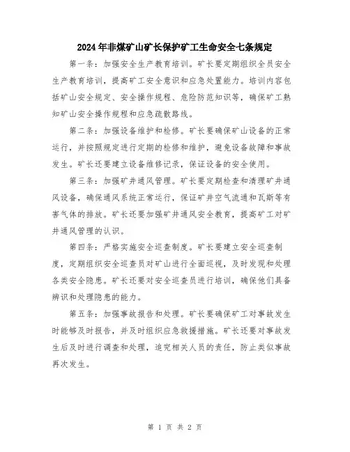 2024年非煤矿山矿长保护矿工生命安全七条规定