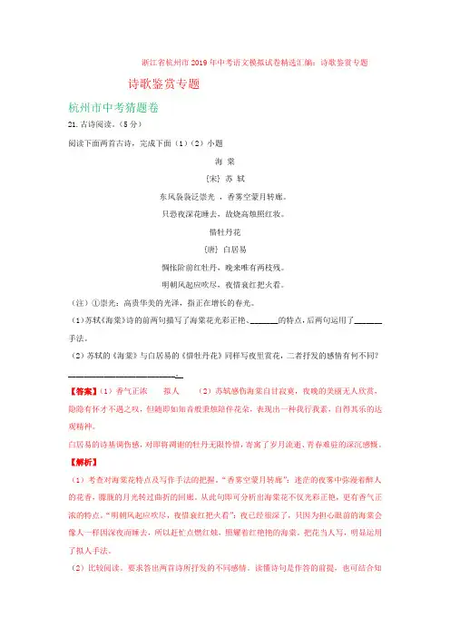 浙江省杭州市2019年中考语文模拟试卷精选汇编：诗歌鉴赏专题