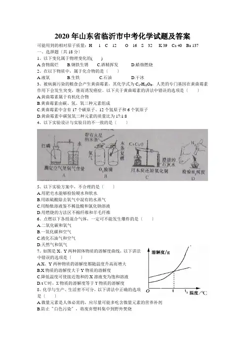 2020年山东省临沂市中考化学试题及答案