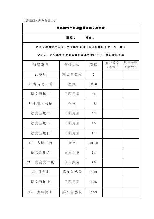 部编版六年级上册课文背诵闯关表及内容
