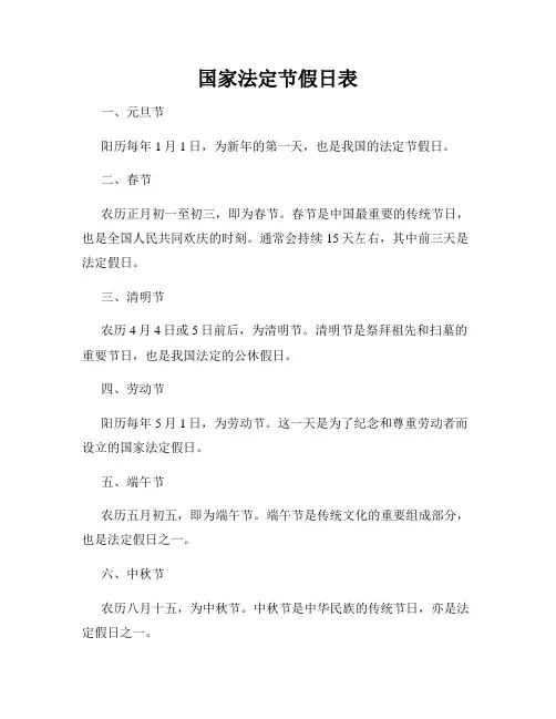 国家法定节假日表