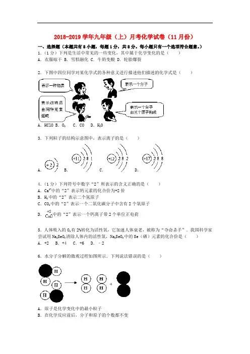 2018-2019学年人教版化学九年级上学期11月份月考试题(含解析)