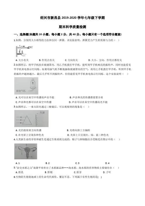 绍兴市新昌县2019-2020学年七年级下学期期末科学质量检测(含答案)