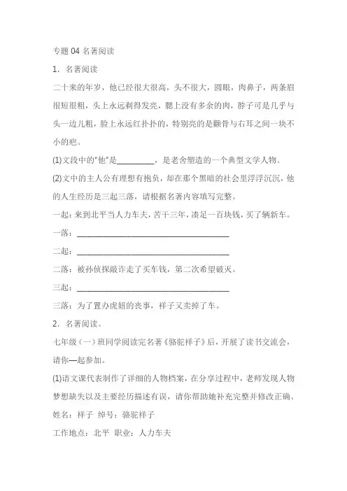 七年级语文下册期中专项复习专题04名著阅读(含解析)