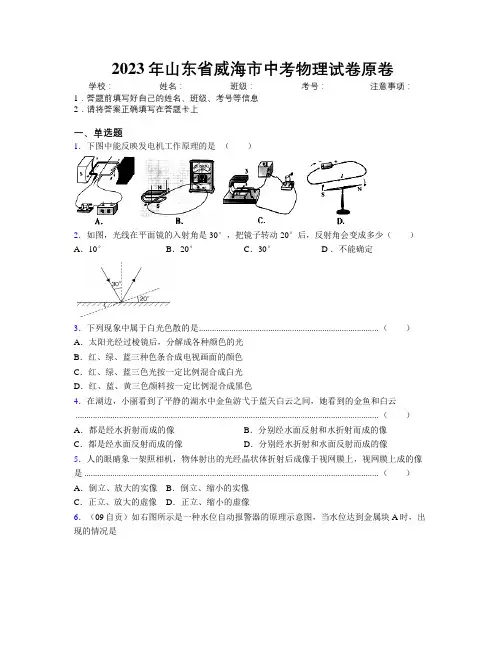 2023年山东省威海市中考物理试卷原卷及解析