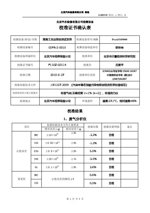 校准证书确认表