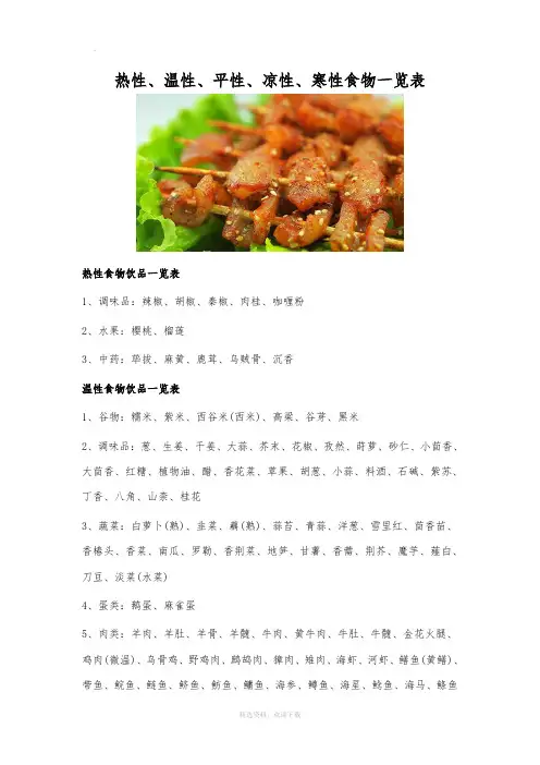 热性、温性、平性、凉性、寒性食物一览表39511
