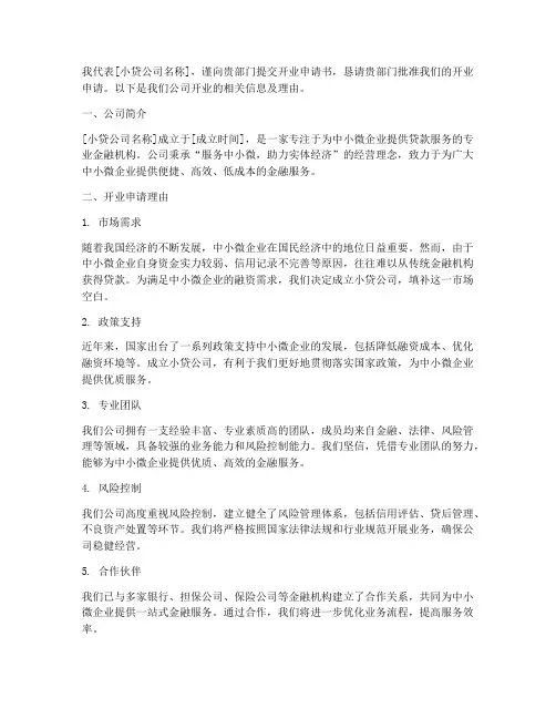 小贷公司开业申请书