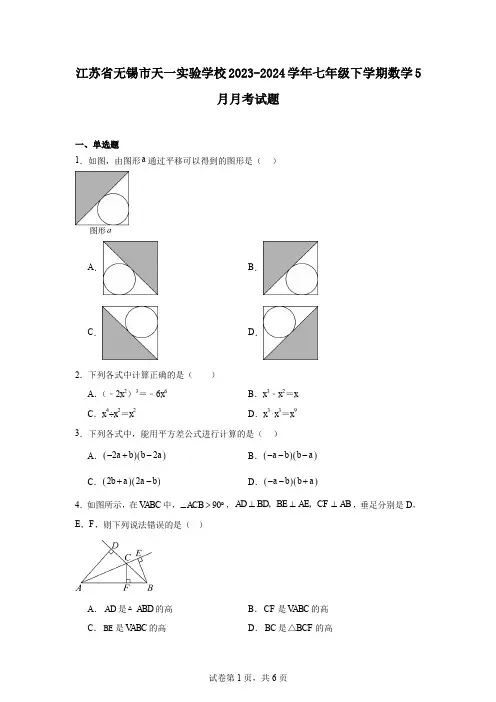 江苏省无锡市天一实验学校2023-2024学年七年级下学期数学5月月考试题